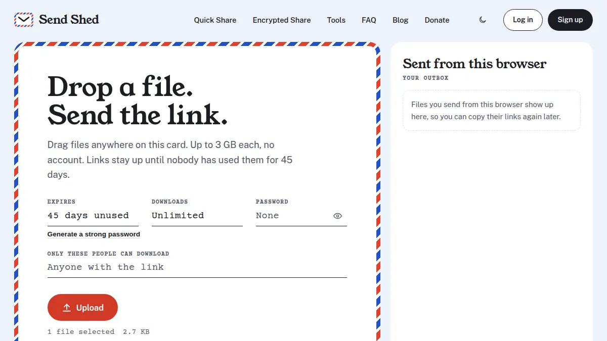 Send Shed Quick Share upload card with a video file selected and the Upload button ready