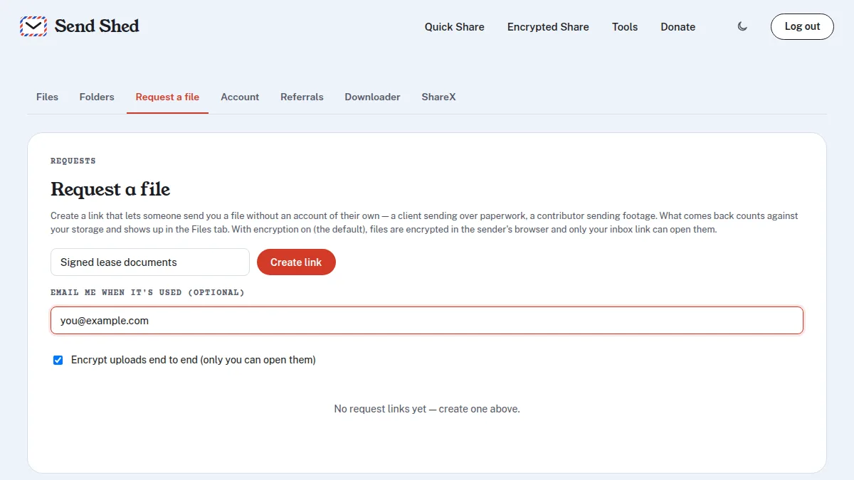 Send Shed dashboard Request a file tab, creating an encrypted request link labelled Signed lease documents