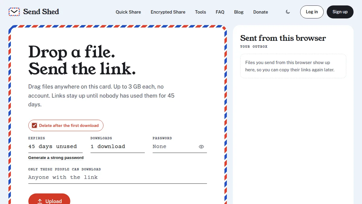 Send Shed upload card with Delete after the first download ticked, like a file.io link