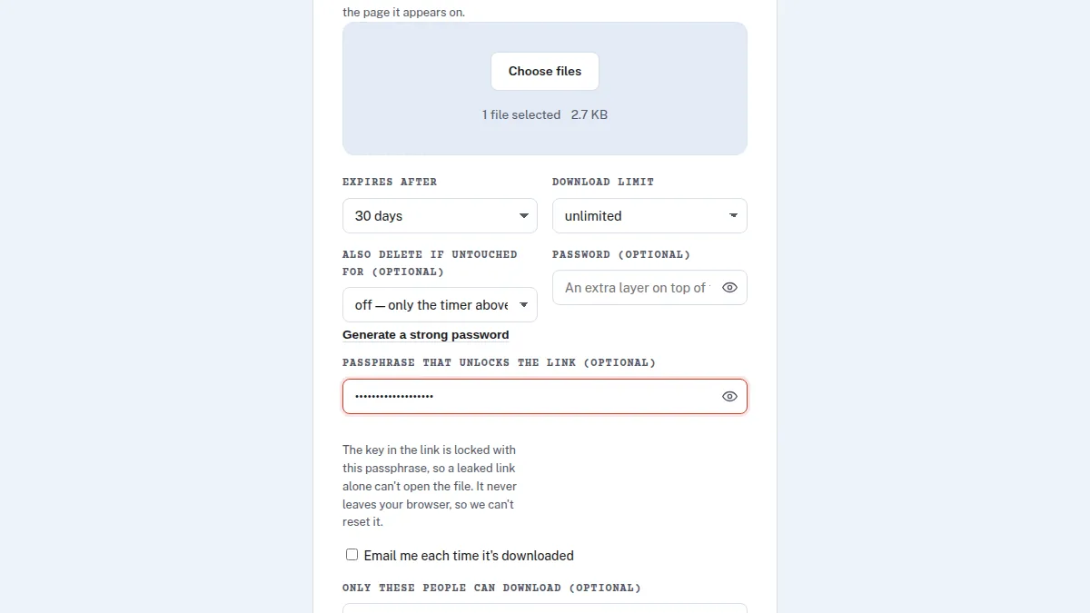 Send Shed Encrypted Share form with a passphrase entered to lock the decryption key