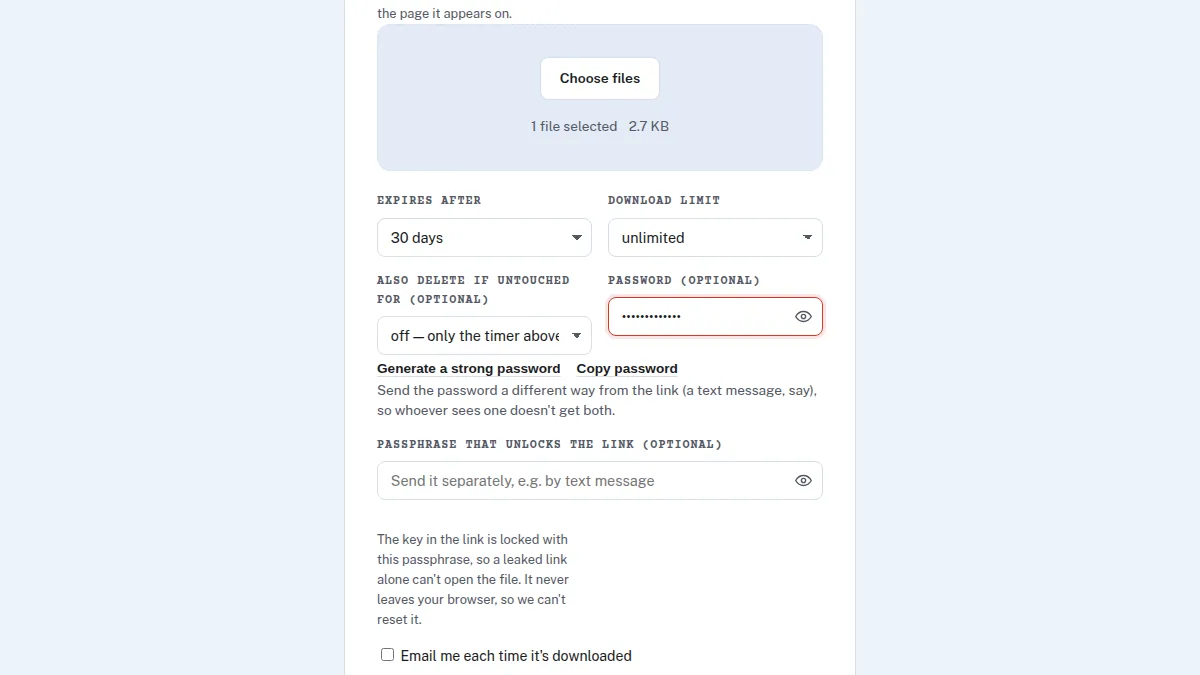 Send Shed Encrypted Share form with a PDF selected and a download password entered