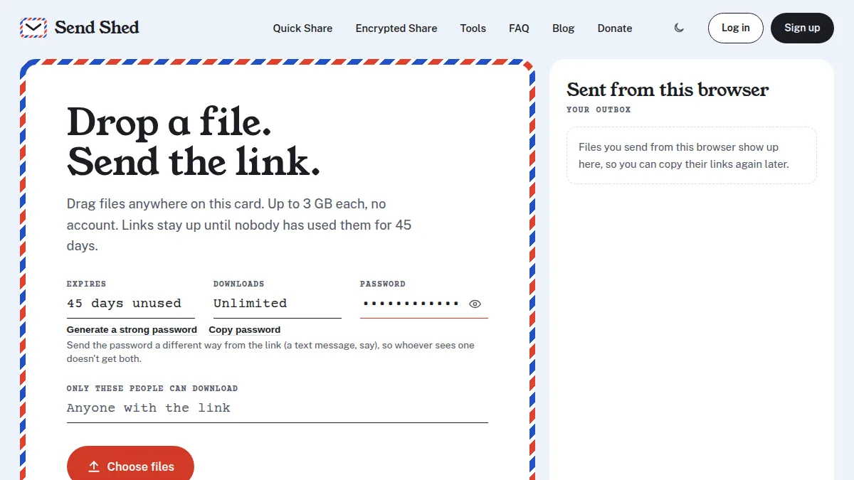 Send Shed Quick Share card with a password typed into the password field before upload