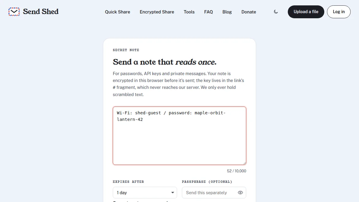 Send Shed secret note form with a Wi-Fi password typed in, set to be read once