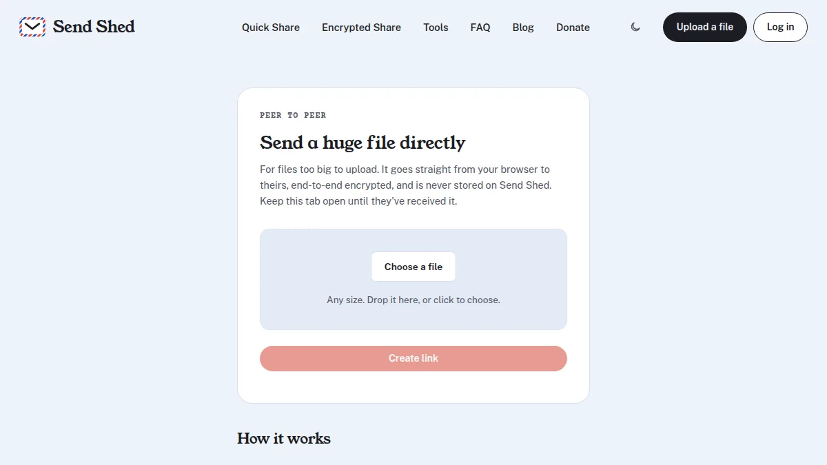Send Shed peer-to-peer page for sending a file of any size directly between browsers