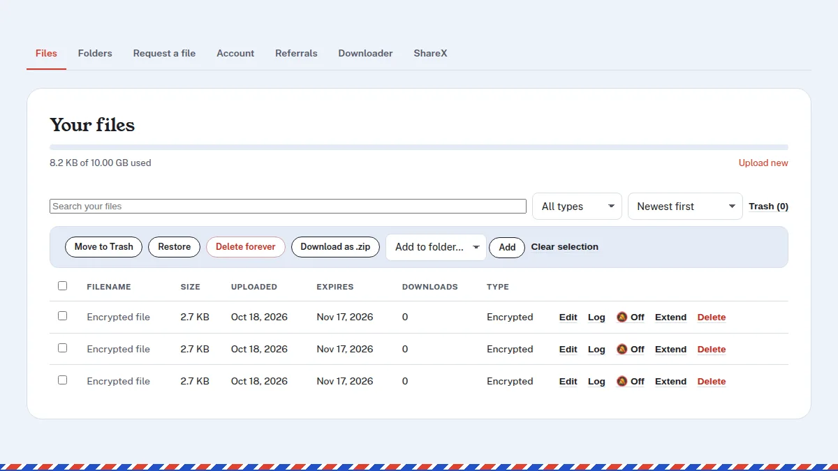 Send Shed dashboard file list with trash, search and download history controls