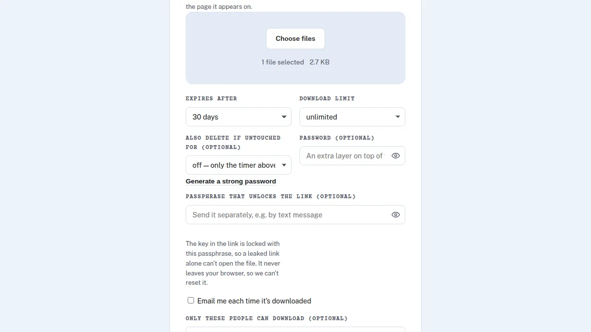 Send Shed Encrypted Share form, where files are encrypted in the browser before upload
